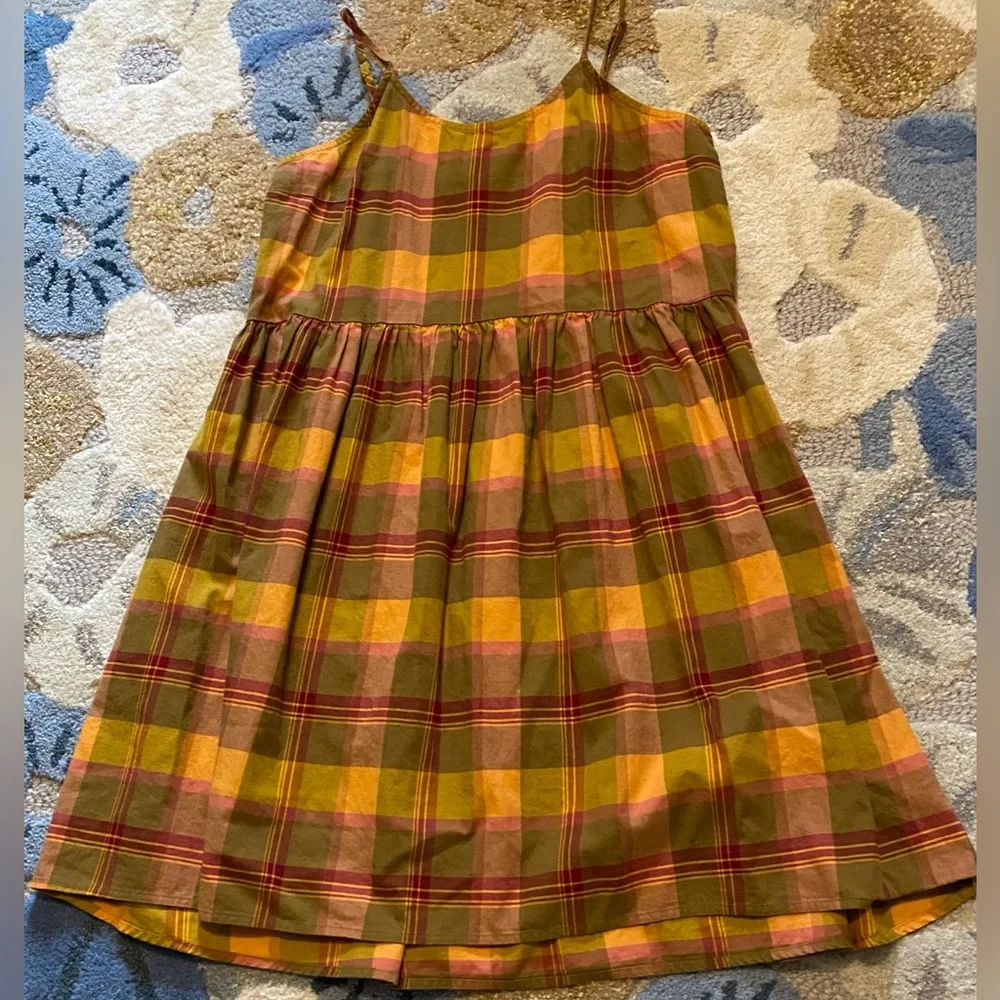Madewell Babydoll Cami Dress in Yummy Olive & Raspberry (banana & peach) Plaid! - Picture 3 of 8